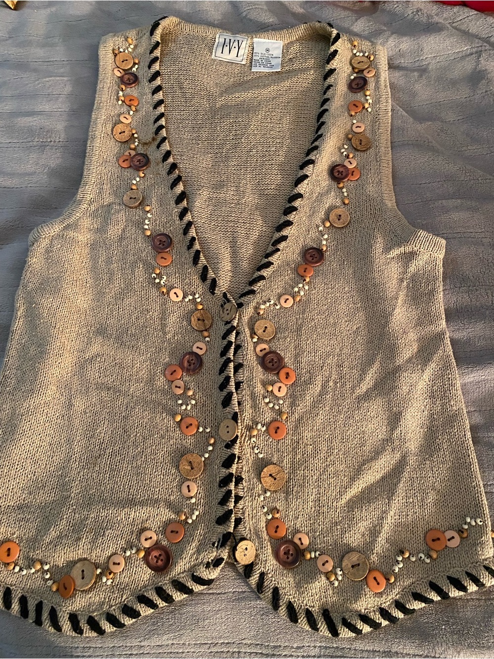 IVY Beige Embellished Button-Accent Knit Vest